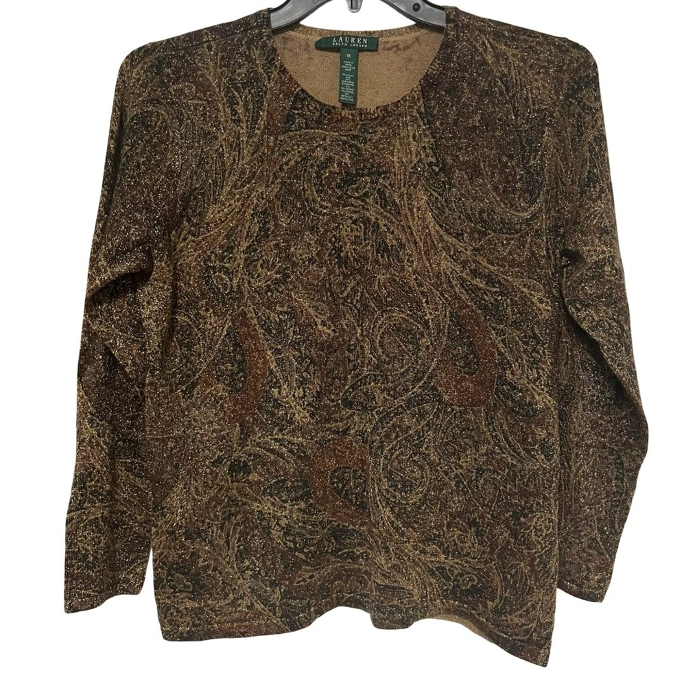 Lauren Ralph Lauren Silk Cashmere Metallic Paisley Sweater Brown Gold 1X